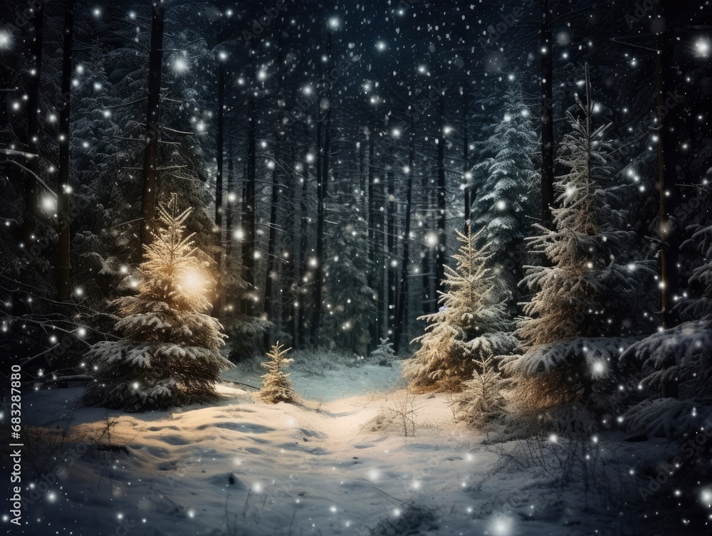Snowfall in winter beautiful forest at night, Christmas tree decorated with many toys and lights Snowfall in winter beautiful forest at night, Christmas tree decorated with many toys and lights