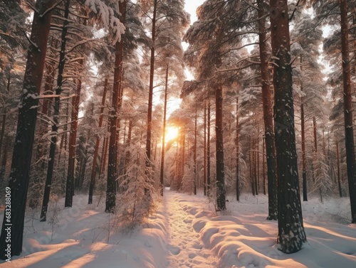 Snowfall in winter beautiful coniferous forest close up, at sundown, branches under snow