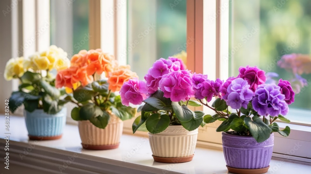 Windowsill Botanical Haven: Stock images showcase blooming Saintpaulias on a light windowsill, a collection for indoor gardening enthusiasts.