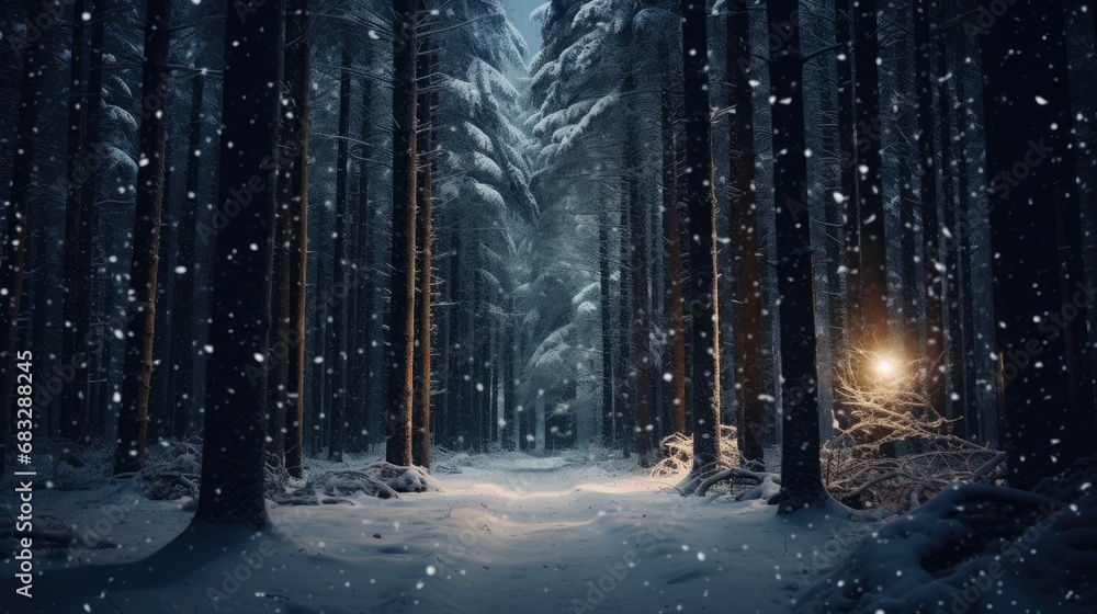 Snowfall in winter beautiful coniferous forest close up at night fairytale atmosphere - obrazy, fototapety, plakaty 