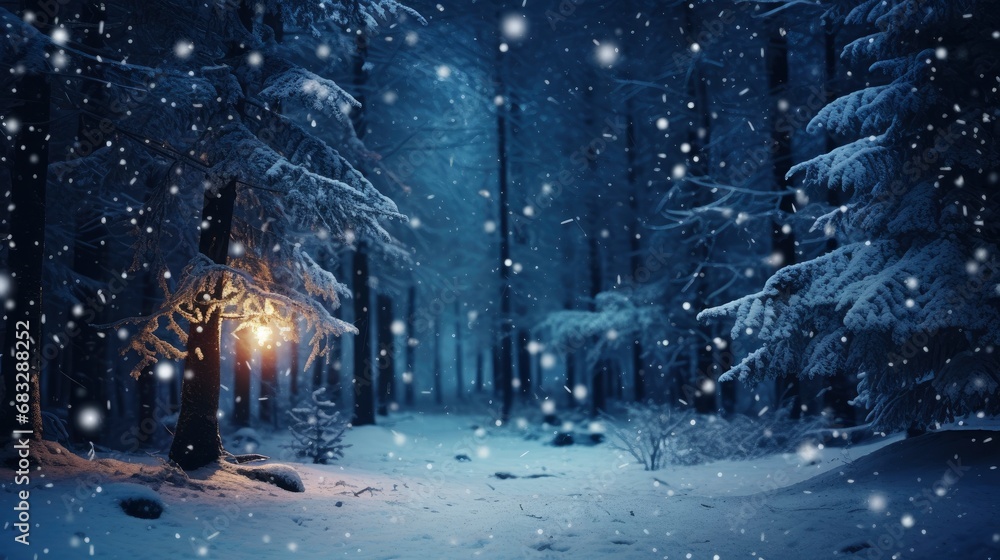 Snowfall in winter beautiful coniferous forest close up at night fairytale atmosphere