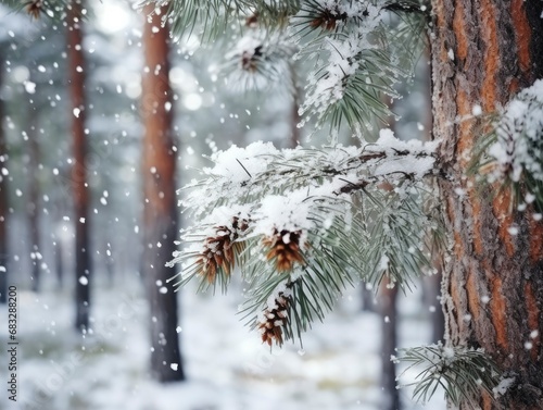 Snowfall in winter beautiful coniferous forest close up at day  branches under snow