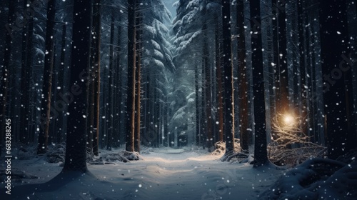 Snowfall in winter beautiful coniferous forest close up at night fairytale atmosphere photo