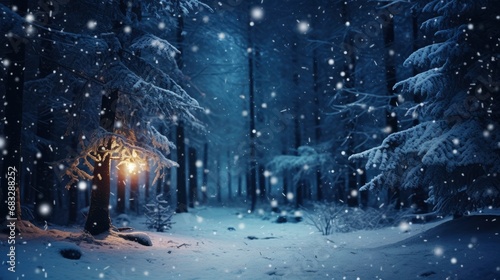 Snowfall in winter beautiful coniferous forest close up at night fairytale atmosphere © shooreeq