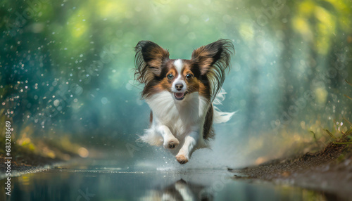 Papillon dog happily running through a puddle