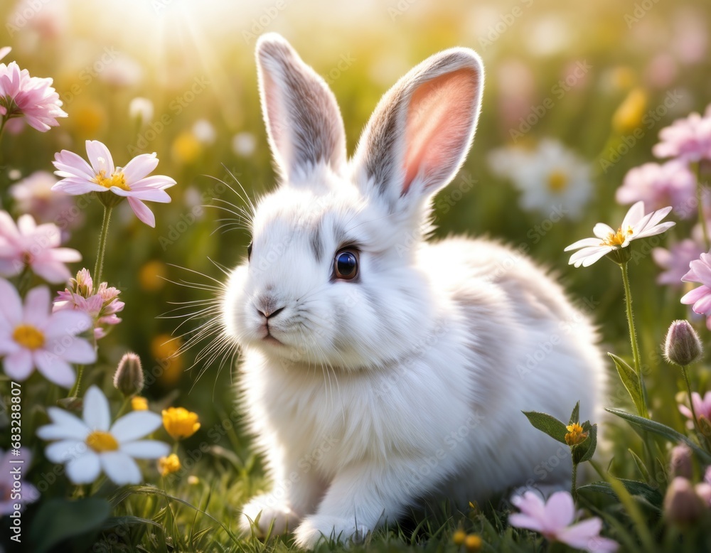 Fairy baby animal hare or rabbit in Alpine mountain flower field rady for Easter celebration - obrazy, fototapety, plakaty 