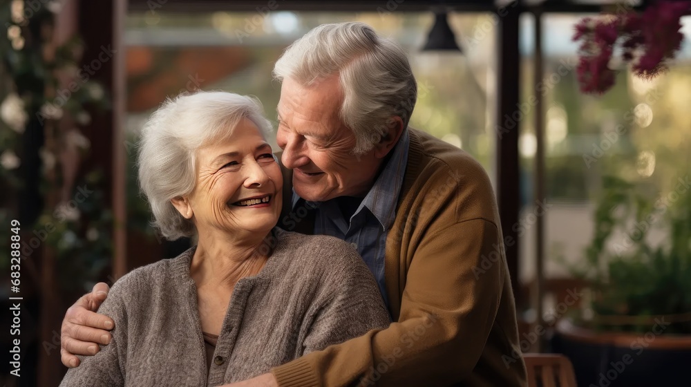 Eternal Love and Support: Stock images capture the back view of an elderly woman embraced by her husband with dementia. Eternal Love and Support: Stock images capture the back view of an elderly woman embraced by her husband with dementia.