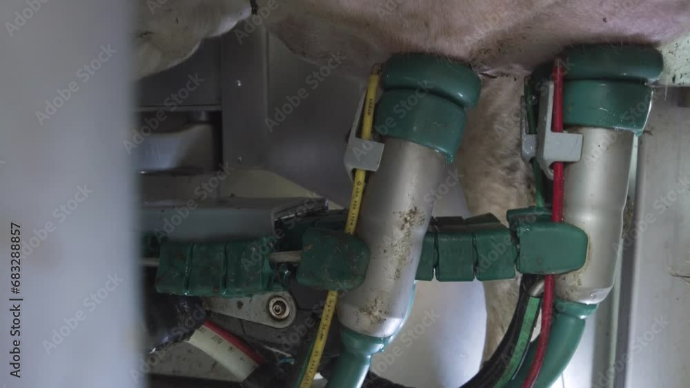 Cow milking system. Atomatiс dairy robot for milking cows at dairy farm Cow milking system. Atomatiс dairy robot for milking cows at dairy farm
