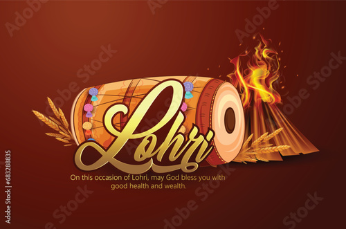 Lohri Punjabi festival of Lohri celebration bonfire, with decorated drum and background. photo