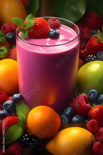 Fruit smoothie in a glass with fruits and berries on the background.