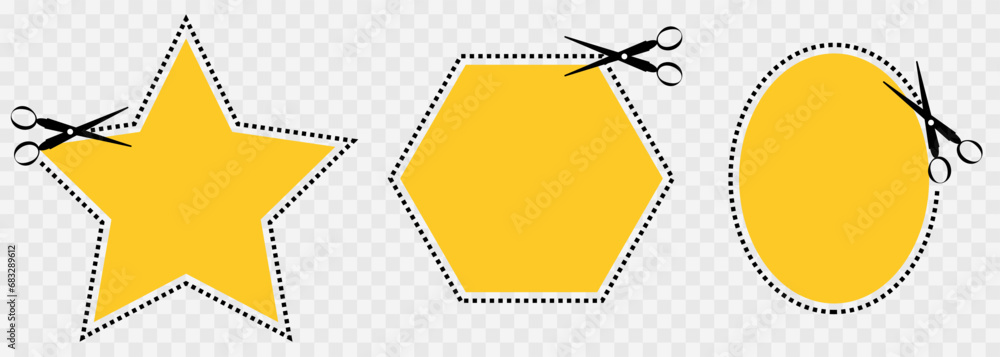 Dashed line shapes. Dotted outline of star, oval and polygon for coupon and prices. Cut here. Border design of basic geometric shapes. - obrazy, fototapety, plakaty 