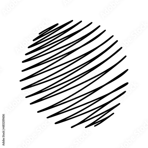 Black circle shaded horizontally, texture sketch. Pen lines.	