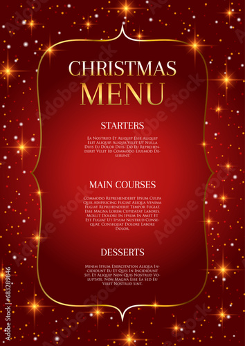 Elegant red and gold Christmas menu design with gold stars
