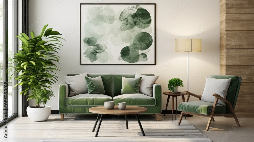 Stock photos showcase a comfortable living room setup with an armchair, coffee table, green plants, lamp, and a painting on the wall. Stock photos showcase a comfortable living room setup with an armchair, coffee table, green plants, lamp, and a painting on the wall.