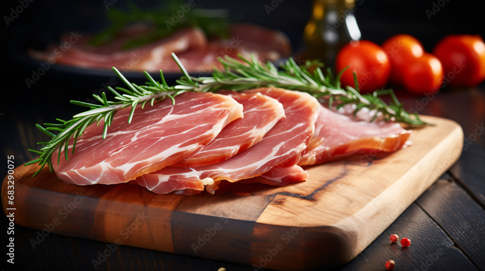 Parma ham slices with rosemary on chopping board.