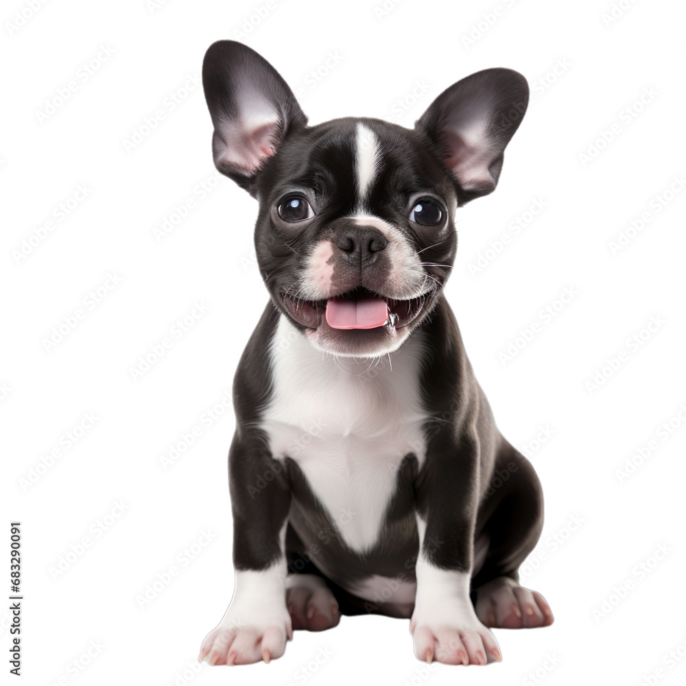 front view of Boston Terrier puppy isolated on a white transparent background 