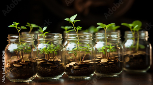 Plant Sprouting from a Glass Full of Coins: A Visual Metaphor for Wealth Accumulation