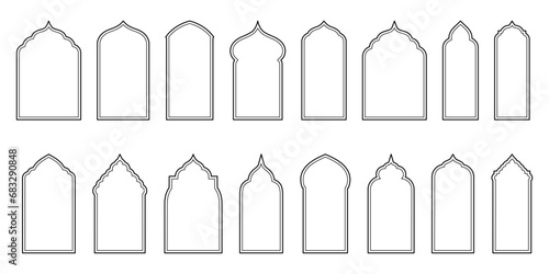 Islamic Style Doors outline Frames Design Template. A Collection of Line Oriental Windows and Arches.