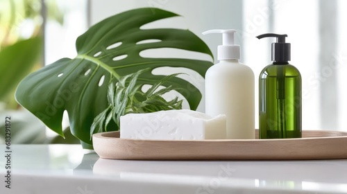 Stock images feature handmade natural solid shampoo  bamboo brush  deodorant  and sponge on a white tray with green monstera leaves.