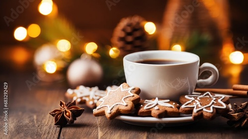 Stock images feature Christmas gingerbread cookies, coffee in a stylish white cup, pine cones, and warm lights on a white wooden table.