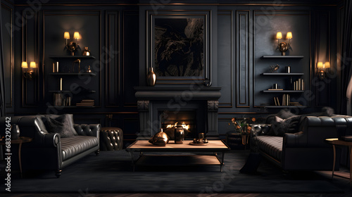 Black classic interior with sofa, table, carpet, decor and moldings wall panel. 3d illustration photo