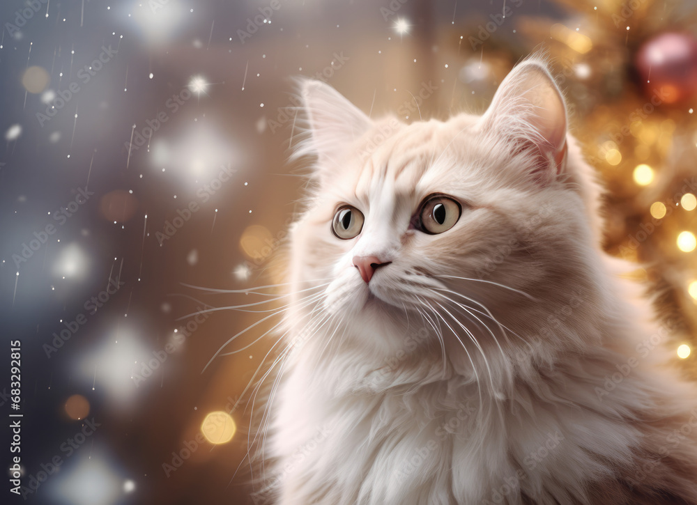 Fluffy cream cat with mesmerizing eyes in sparkling holiday setting, Christmas magic.