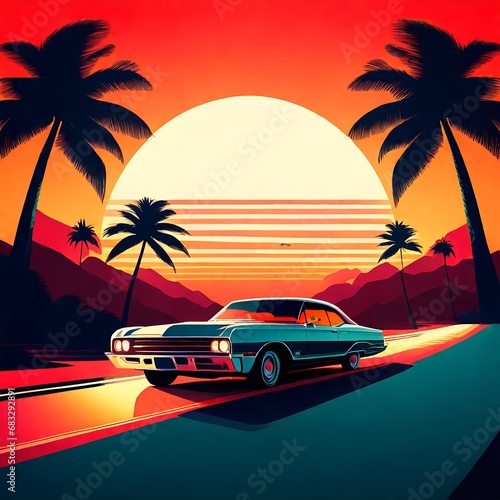 Vintage Car Cruising Down a Palm-Lined Road © Phary