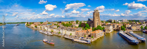 Panoramic view of Dordrecht Netherlands the skyline of the old city of Dordrecht with a church and canal buildings in the Netherlands. 