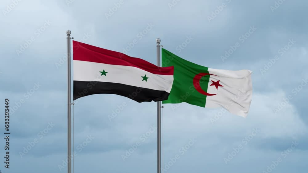 Syria flag and Algeria flag waving together on cloudy sky, endless seamless loop Syria flag and Algeria flag waving together on cloudy sky, endless seamless loop