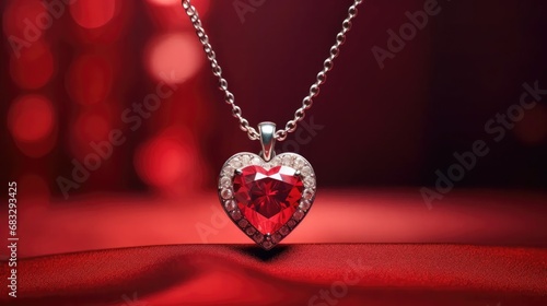 Stock images portray a luxury heart necklace with stylish diamonds on a vibrant red background, epitomizing the essence of a romantic gift and love concept.