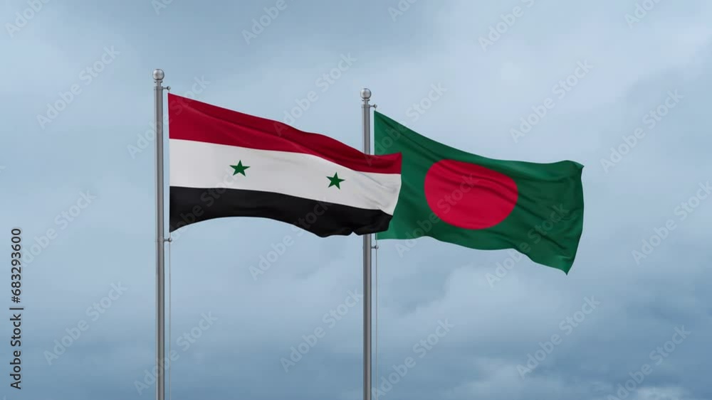 Bangladesh flag and Syria flag waving together on cloudy sky, endless seamless loop, two country relations concept Bangladesh flag and Syria flag waving together on cloudy sky, endless seamless loop, two country relations concept