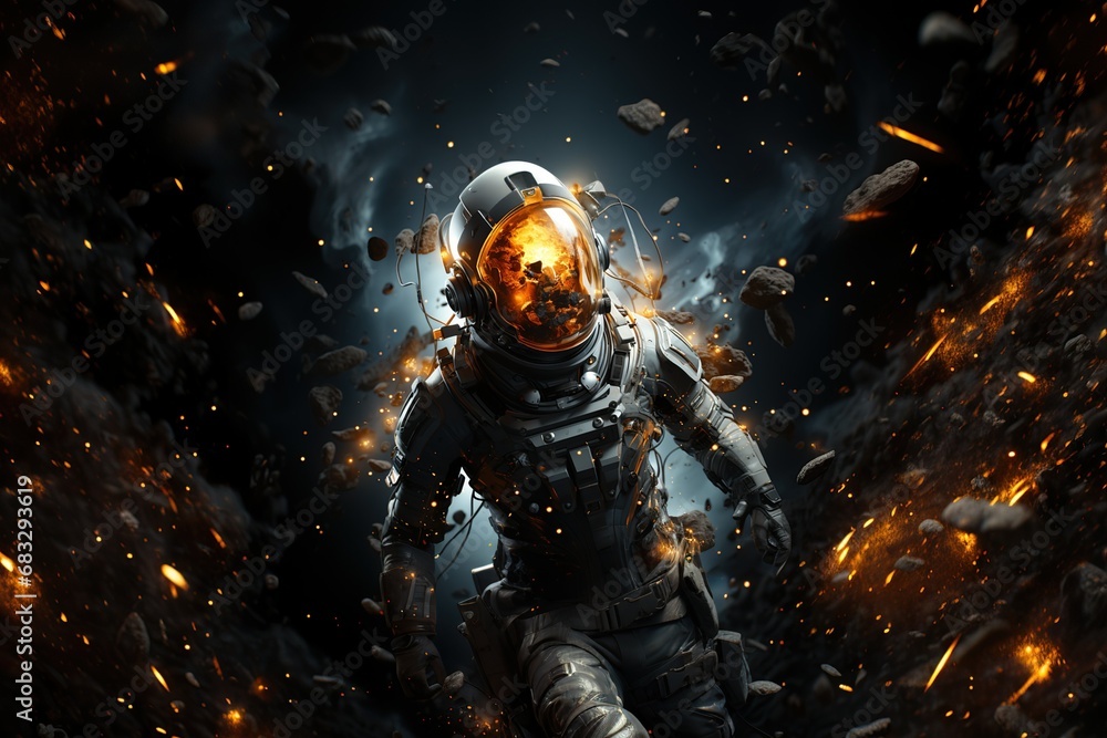 a space soldier in space with armor suit, illustration