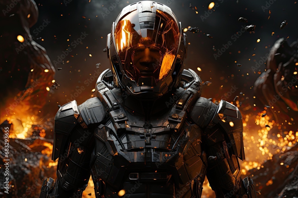 a space soldier in space with black armor suit, illustration a space soldier in space with black armor suit, illustration