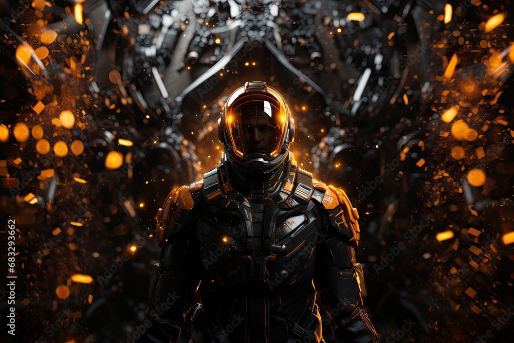 Space soldier with orange armor suit, many lights in background, illustration Space soldier with orange armor suit, many lights in background, illustration