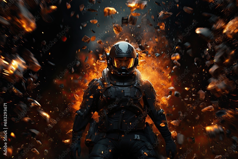Space soldier with orange armor suit, many lights in background, illustration - obrazy, fototapety, plakaty 