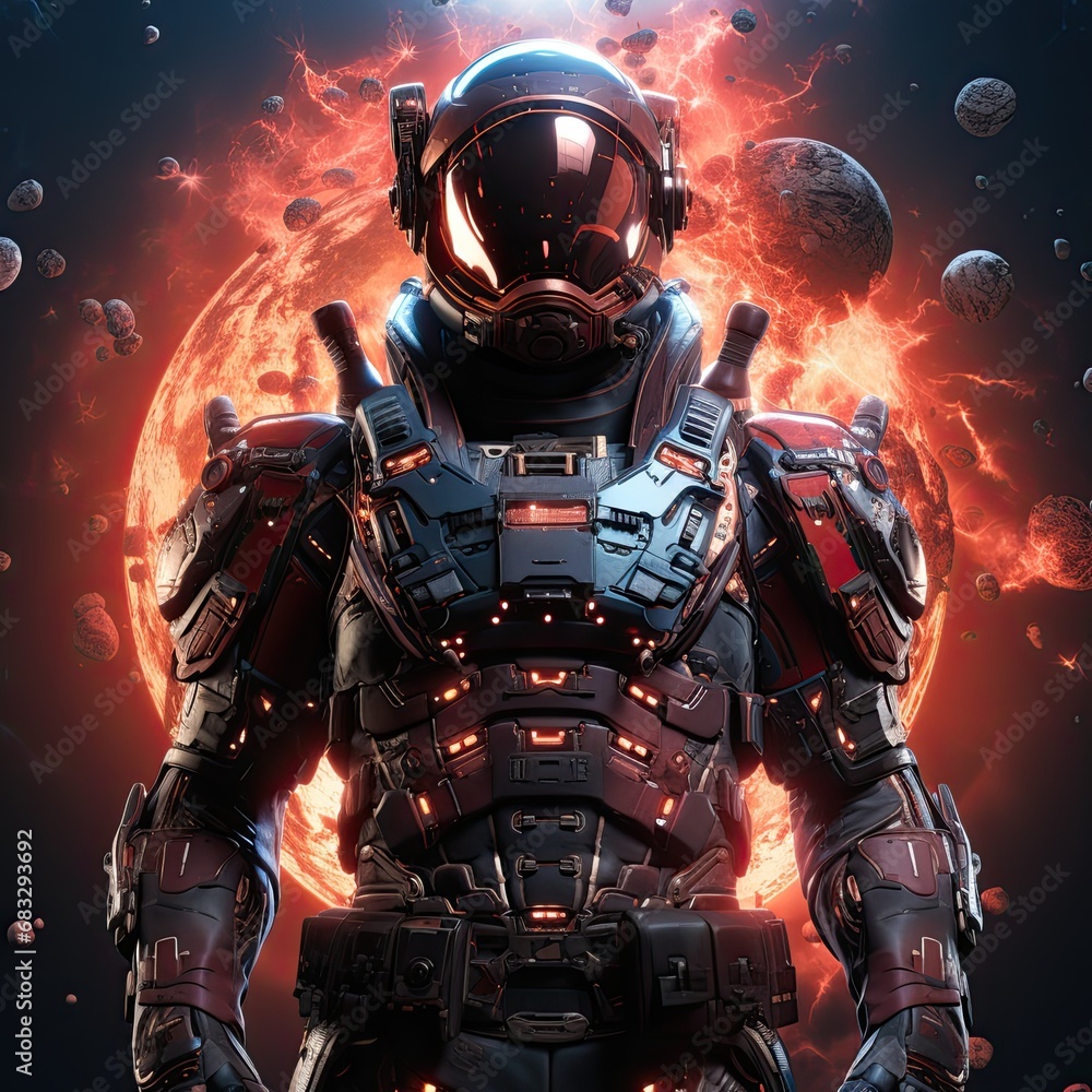 Space soldier in space with red armor suit, many lights in background, illustration Space soldier in space with red armor suit, many lights in background, illustration