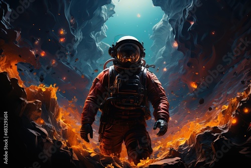 colorful space cop with a space astronaut suit, many light in background, illustration