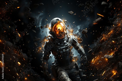 a space soldier in space with armor suit, illustration