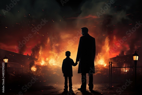 a doctor holding the hands of a child, fire and flames in background, illustration
