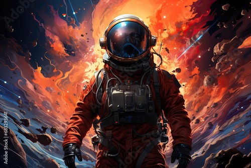 colorful space cop with a space astronaut suit, many light in background, illustration