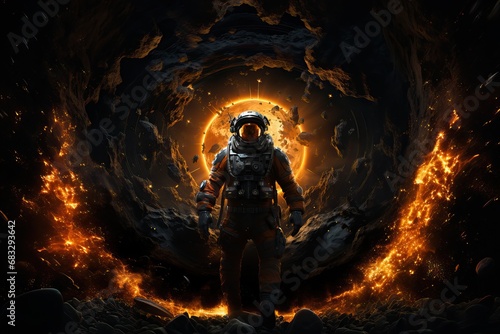 Space soldier with armor suit, many lights in background, illustration