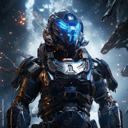 a space soldier in space with blue armor suit, illustration