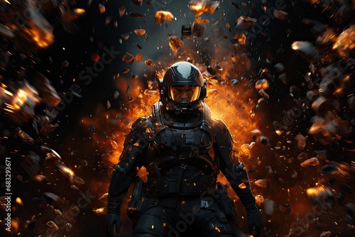 Space soldier with orange armor suit, many lights in background, illustration