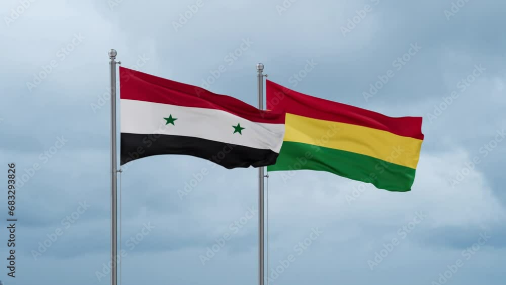 Bolivia flag and Syria flag waving together on cloudy sky, endless seamless loop, two country relations concept Bolivia flag and Syria flag waving together on cloudy sky, endless seamless loop, two country relations concept