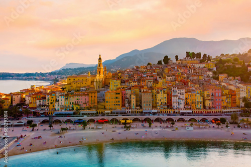 colorful old town Menton on the French Riviera France during sunset. Drone aerial view over Menton France Europe.