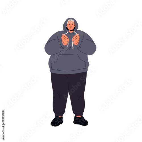 Confused fat man in plus size clothes. Shy chunky character, ashamed chubby guy. Sad curvy person with heavy body. Self acceptance problems. Flat isolated vector illustration on white background
