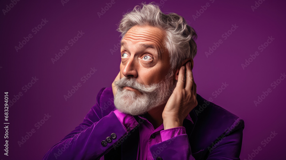 Bewildered 64 years old male writer, scratching head, wearing a Bright solid violet dress Bewildered 64 years old male writer, scratching head, wearing a Bright solid violet dress