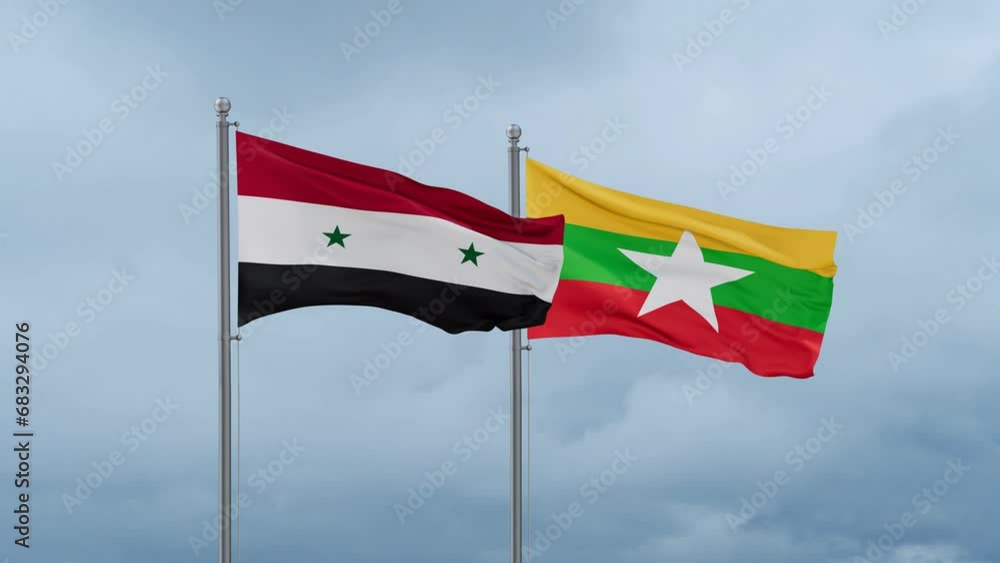 Myanmar aka Burma flag and Syria flag waving together on cloudy sky, endless seamless loop, two country relations concept Myanmar aka Burma flag and Syria flag waving together on cloudy sky, endless seamless loop, two country relations concept
