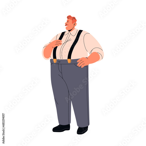 Fat worker in trousers with suspenders. Chubby adult man with mustache standing. Chunky character with big weight, overweight. Body positive. Flat isolated vector illustration on white background