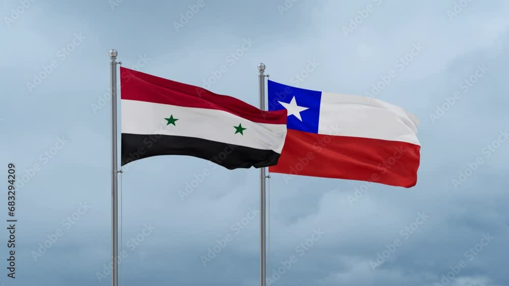 Chile flag and Syria flag waving together on cloudy sky, endless seamless loop, two country relations concept Chile flag and Syria flag waving together on cloudy sky, endless seamless loop, two country relations concept